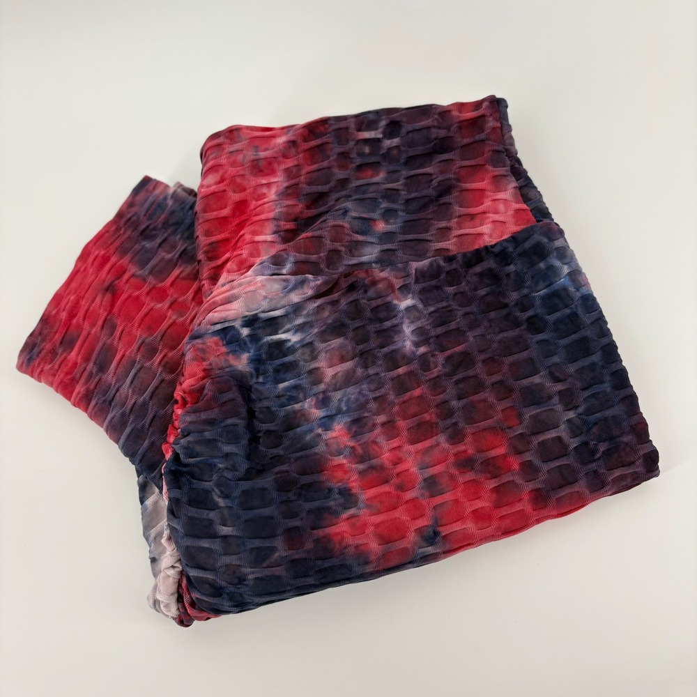 Ara Sports L Red Blue Tie Dye Honeycomb Textured‎ Scrunch Leggings High Waist